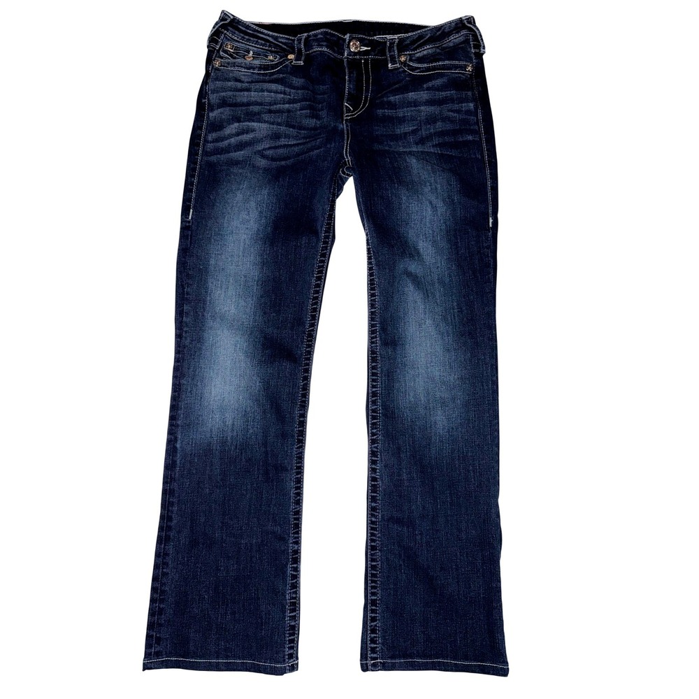 True Religion Slim Straight Jeans Dark Wash White Stitch Pocket Mens 33